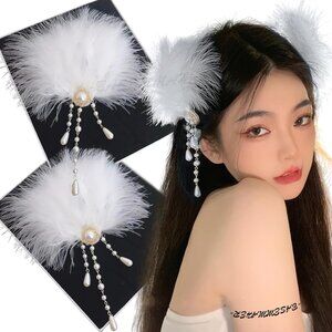 White Fluffy Plush Feather Hair Clip 2 pack